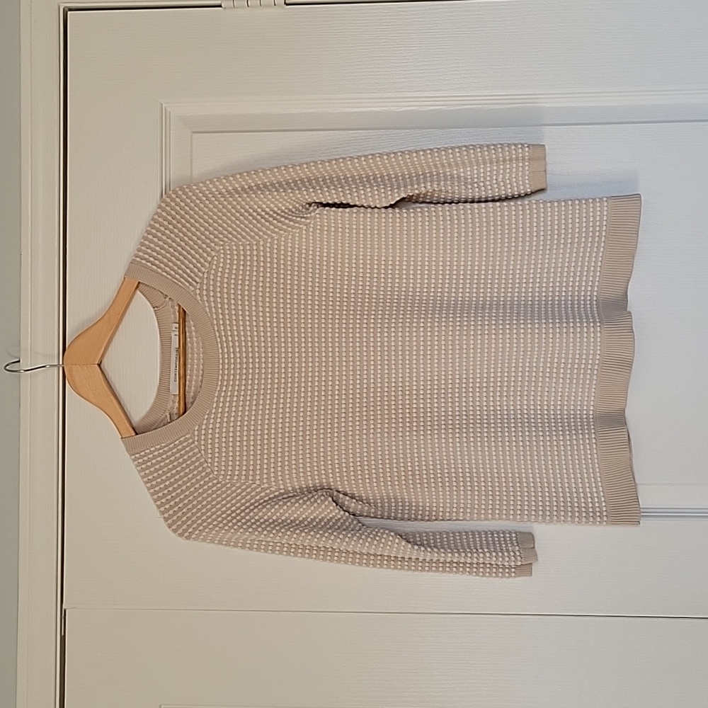 Contemporaine 100% Cotton Tan And White Bobble Knit 3/4 Length Sleeve Sweater